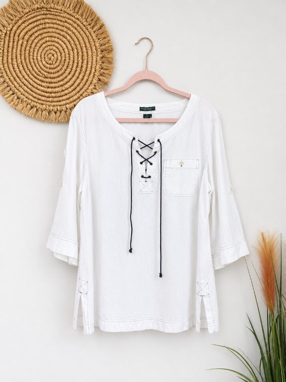 Ralph Lauren White 100% Linen White 3/4 Sleeve Lace-up Popover Shirt SZ 1X Boho - Picture 8 of 8